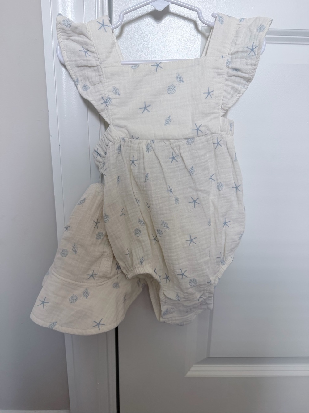 Carter's Cream Muslin Ruffle Romper with Light Blue Seashells